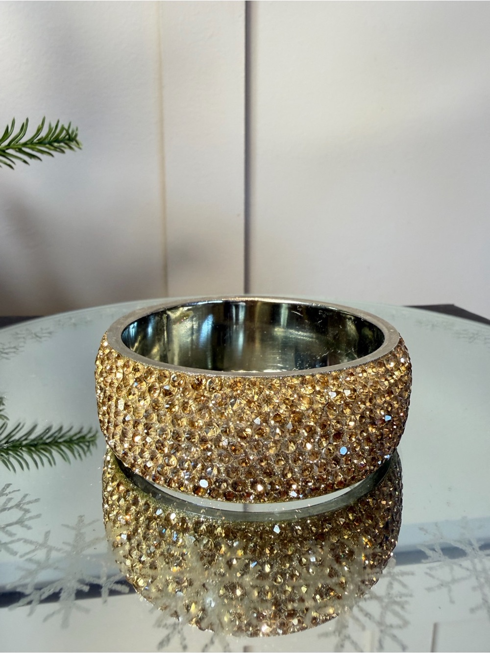 Golden Crystal Cabochons Into A Silvered Curved Rimmed Wide Bangle